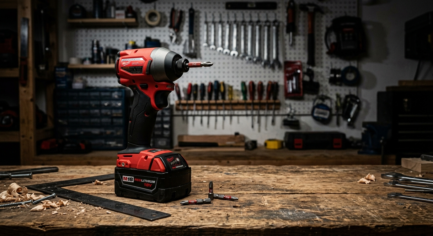 Milwaukee M18 Fuel cordless impact driver on a workbench